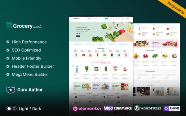 Grocery Mart — бакалейные овощи и органический магазин Elementor WooCommerce