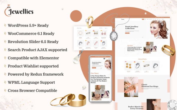 Jewellies - интернет-магазин ювелирных изделий Elementor Woocommerce тема с генератором контента AI